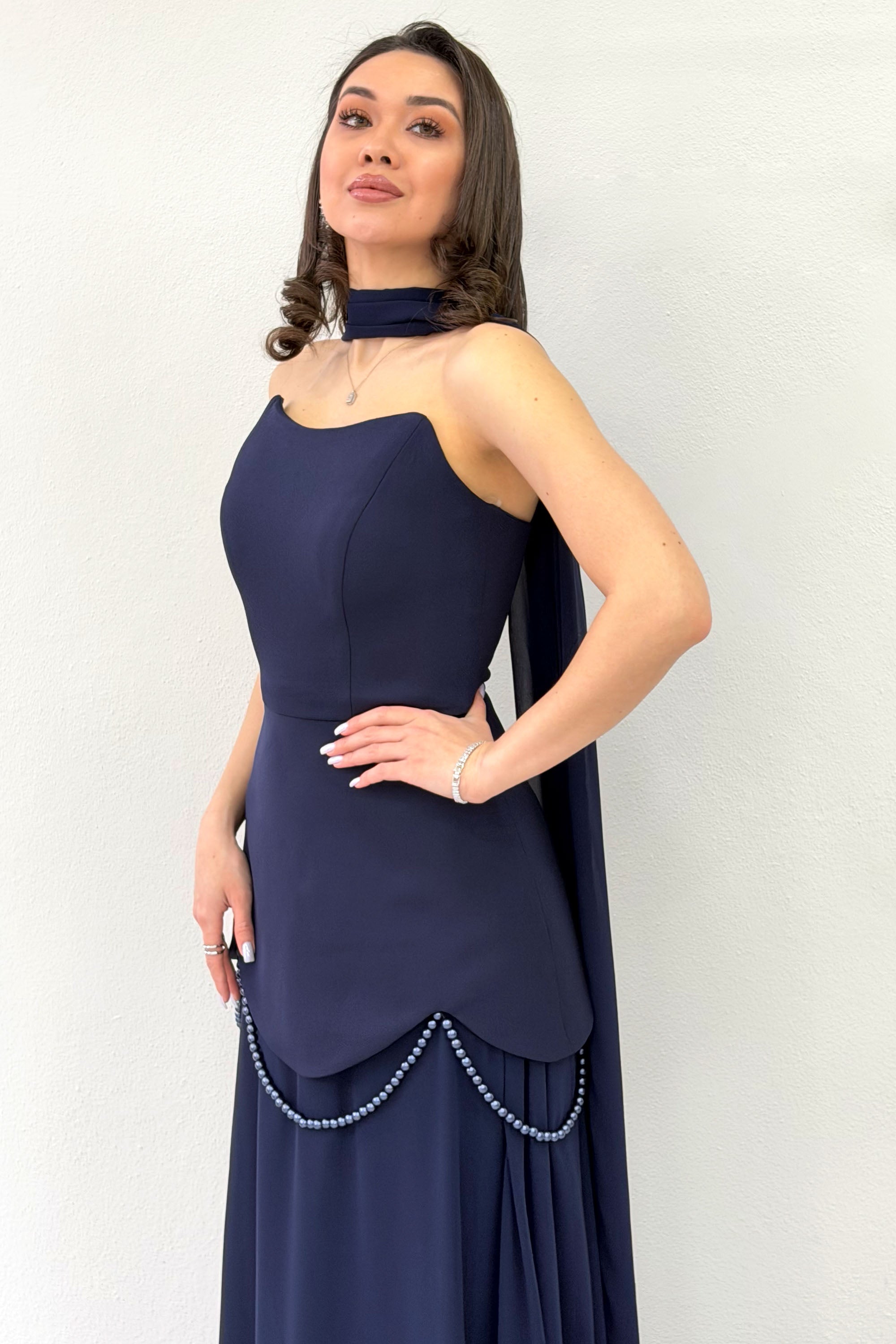 Navy Blue Shawl-Detailed Corset Skirt Chiffon Design Evening Dress