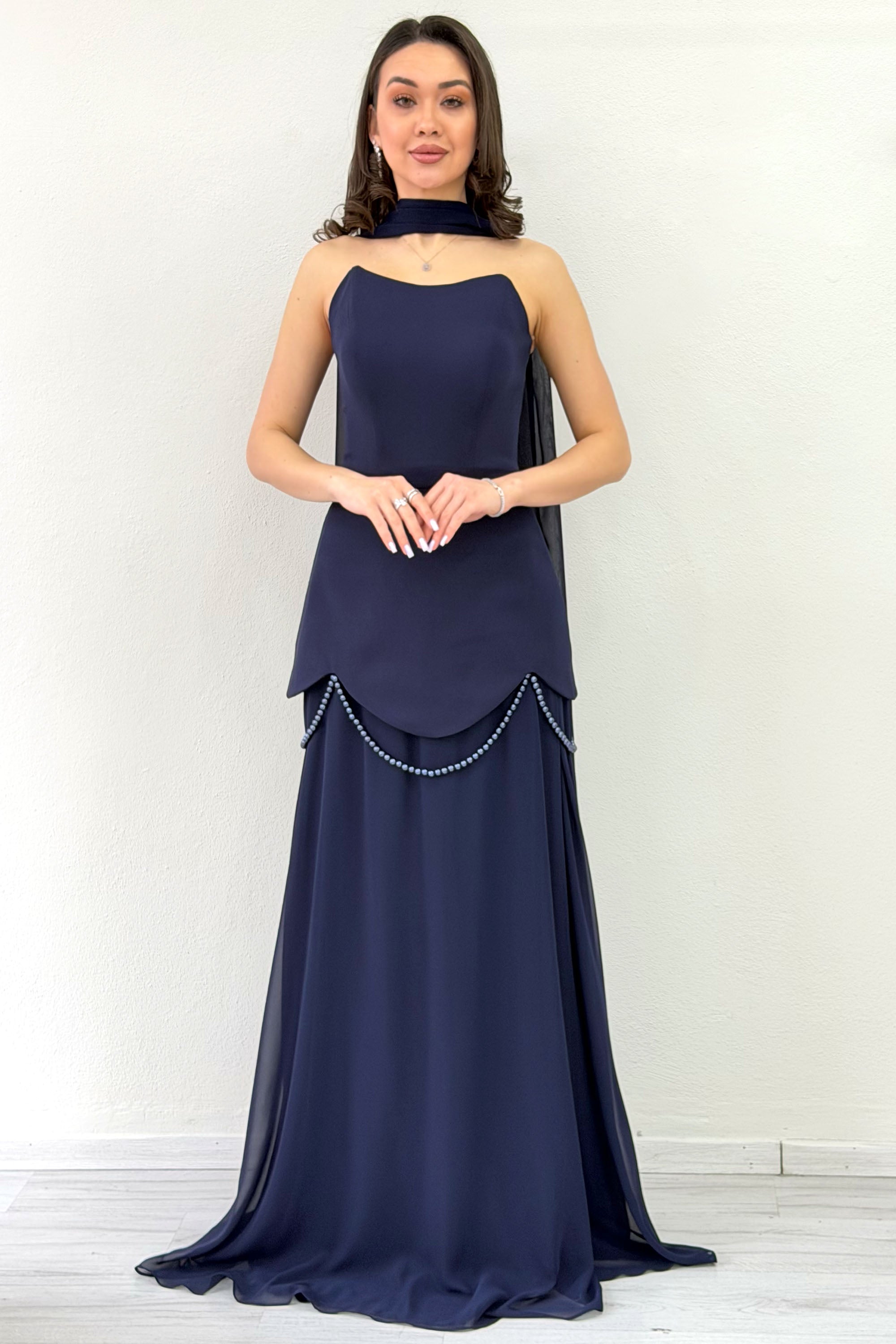Navy Blue Shawl-Detailed Corset Skirt Chiffon Design Evening Dress