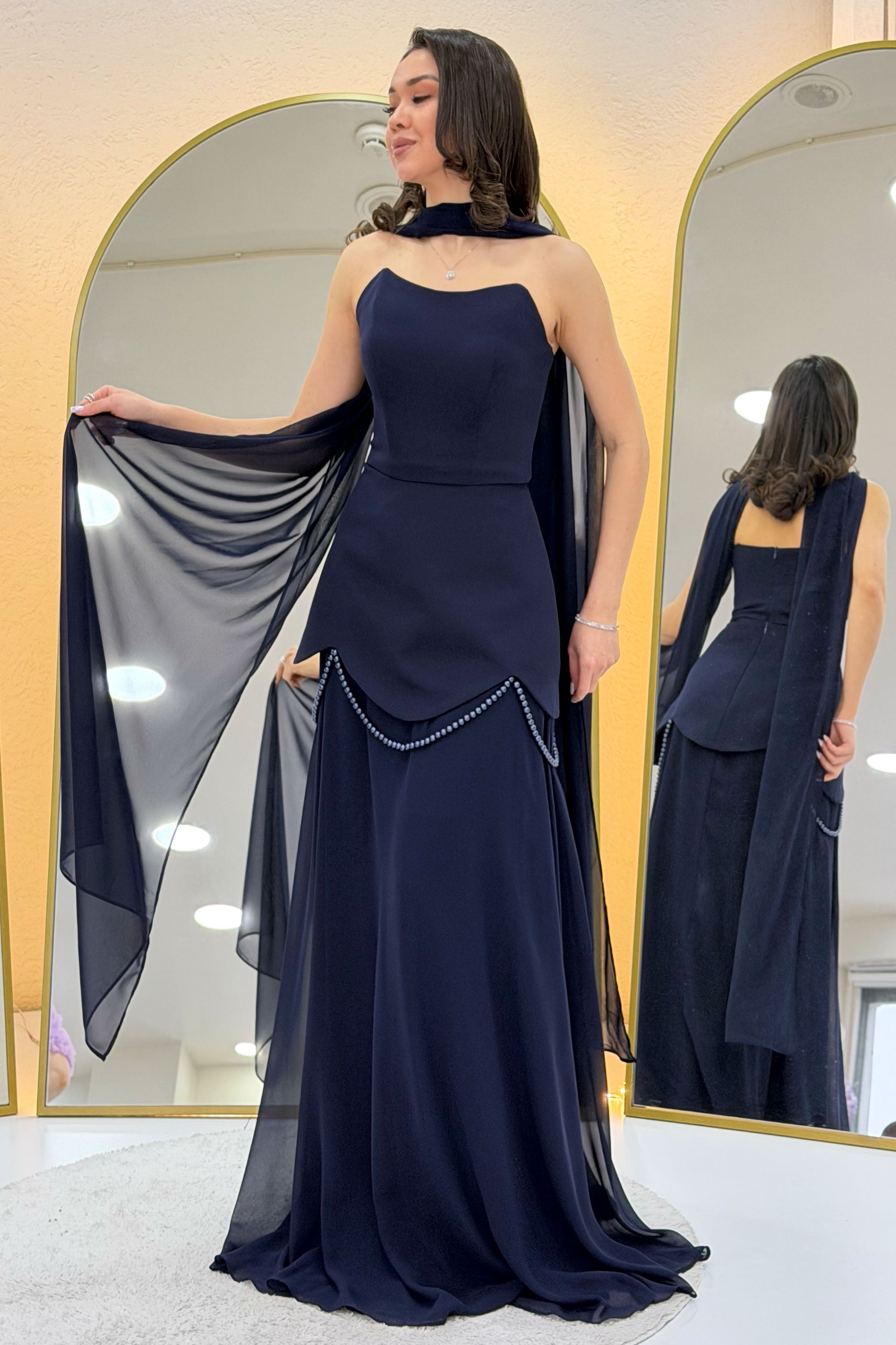 Navy Blue Shawl-Detailed Corset Skirt Chiffon Design Evening Dress