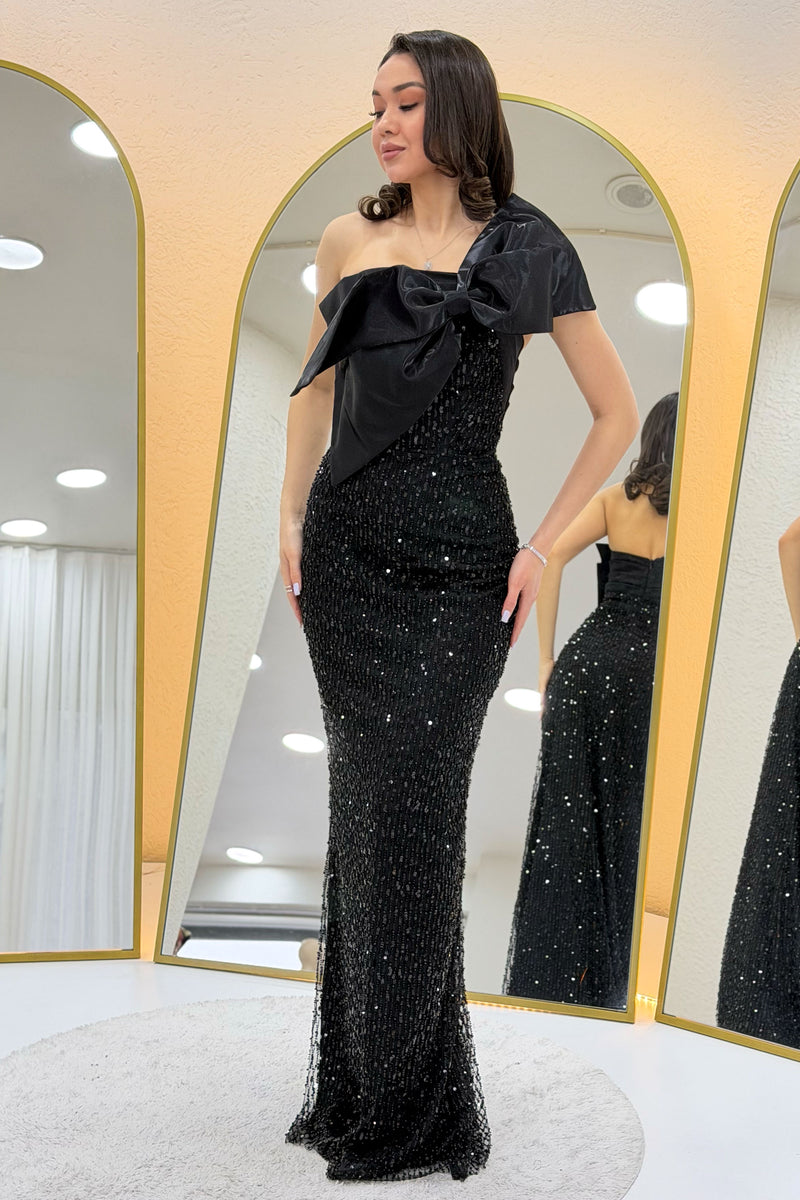 Black Bow Collar Detail One-Shoulder Sequined Evening Dress