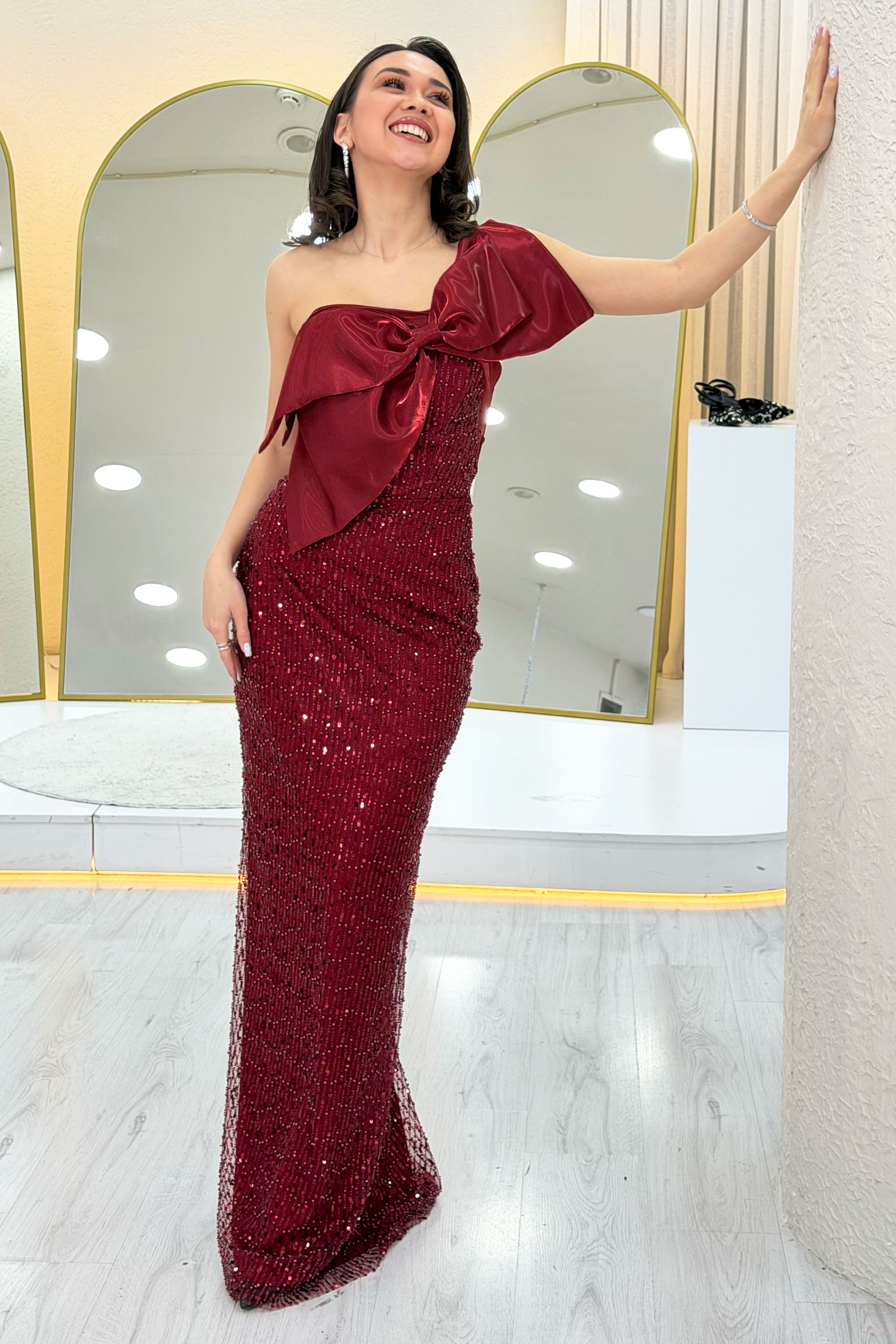 Burgundy Bow Collar Detail One-Shoulder Beaded Evening Dress