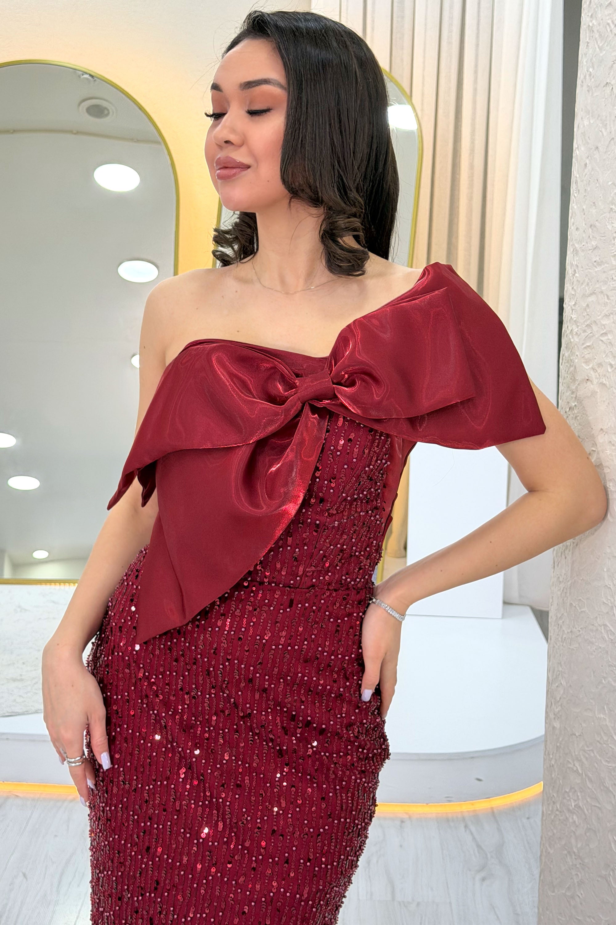 Burgundy Bow Collar Detail One-Shoulder Beaded Evening Dress