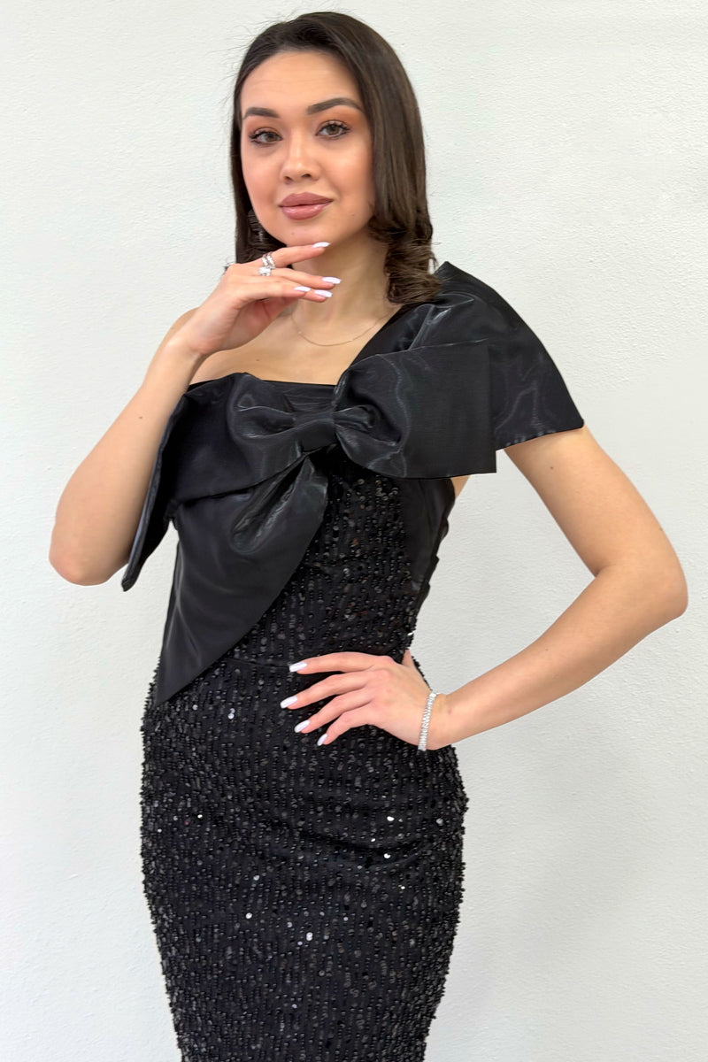 Black Bow Collar Detail One-Shoulder Sequined Evening Dress