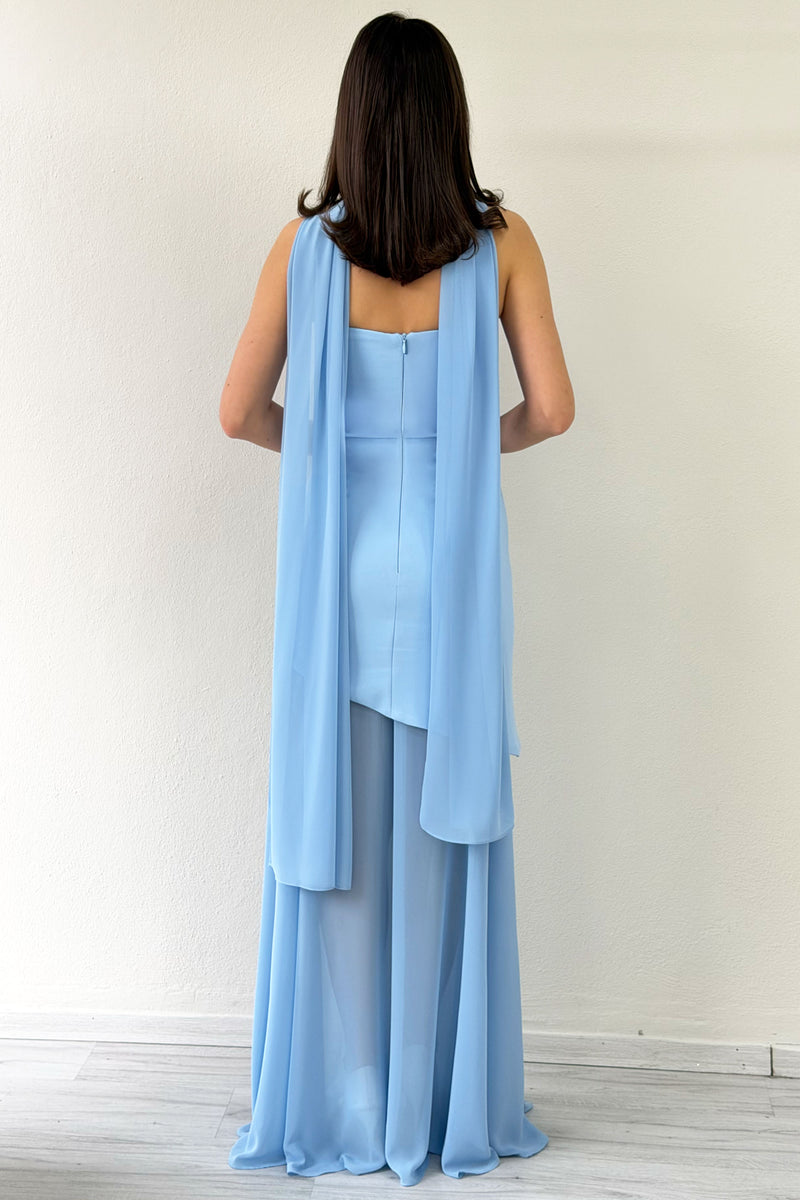 Baby Blue Shawl Detailed Strapless Tulle Skirt Asymmetrical Evening Dress