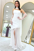White Shawl Detailed Strapless Tulle Skirt Asymmetrical Wedding Dress