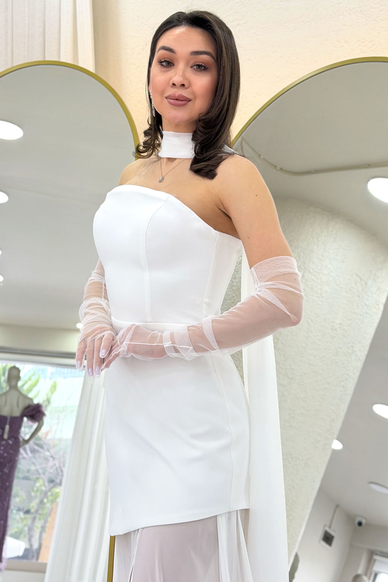 White Shawl Detailed Strapless Tulle Skirt Asymmetrical Wedding Dress