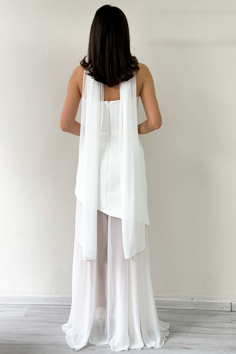 White Shawl Detailed Strapless Tulle Skirt Asymmetrical Wedding Dress