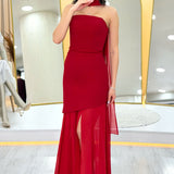 Red Shawl Detailed Strapless Tulle Skirt Asymmetrical Evening Dress