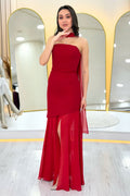 Red Shawl Detailed Strapless Tulle Skirt Asymmetrical Evening Dress