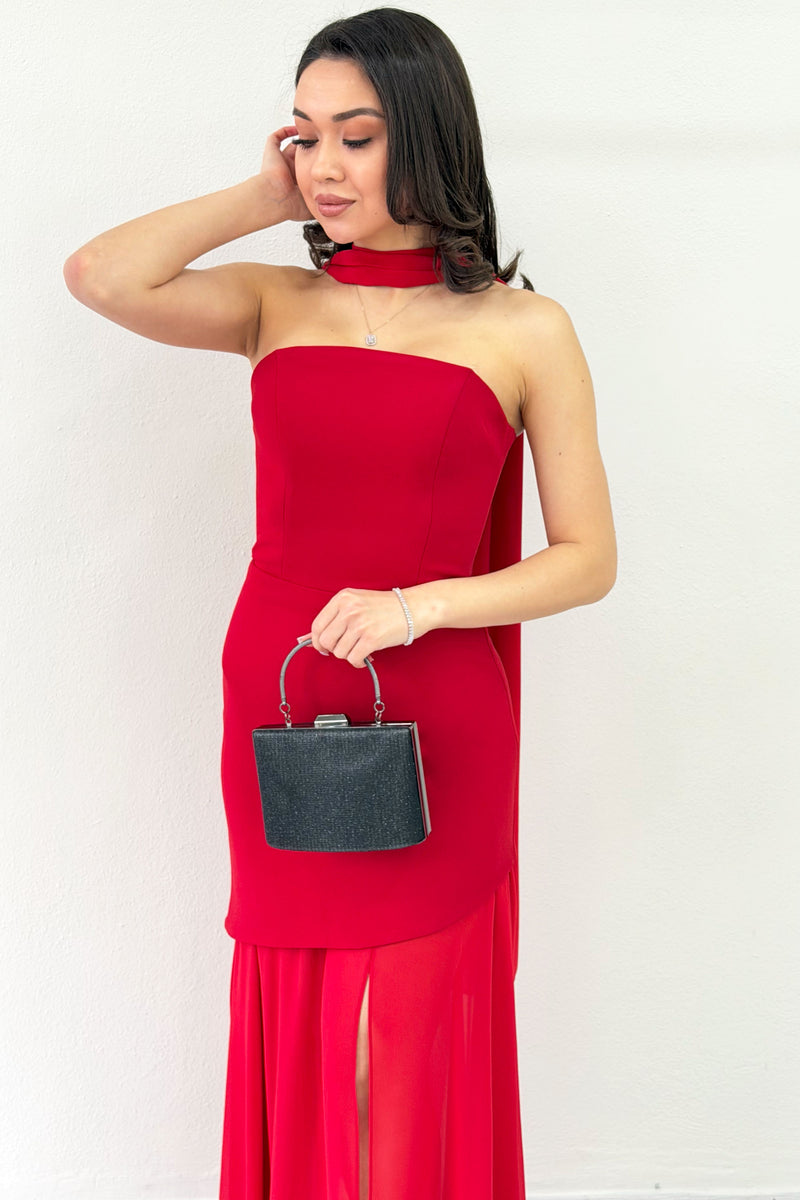 Red Shawl Detailed Strapless Tulle Skirt Asymmetrical Evening Dress