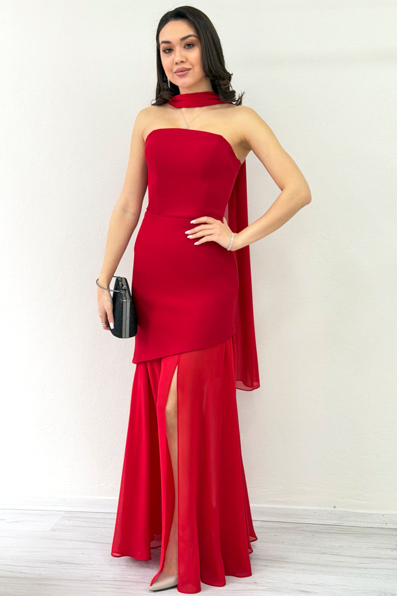 Red Shawl Detailed Strapless Tulle Skirt Asymmetrical Evening Dress