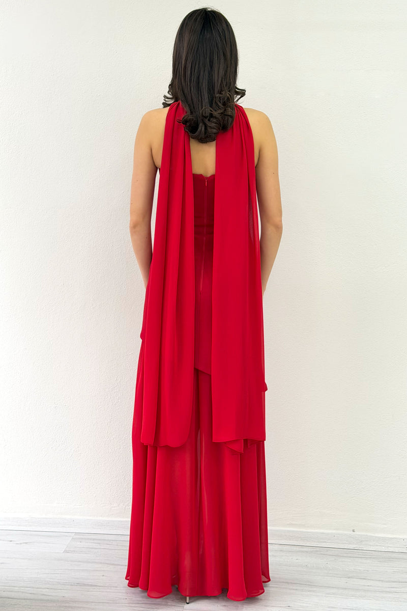 Red Shawl Detailed Strapless Tulle Skirt Asymmetrical Evening Dress
