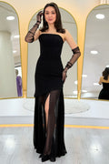 Black Shawl-Detailed Strapless Tulle Skirt Asymmetrical Evening Dress