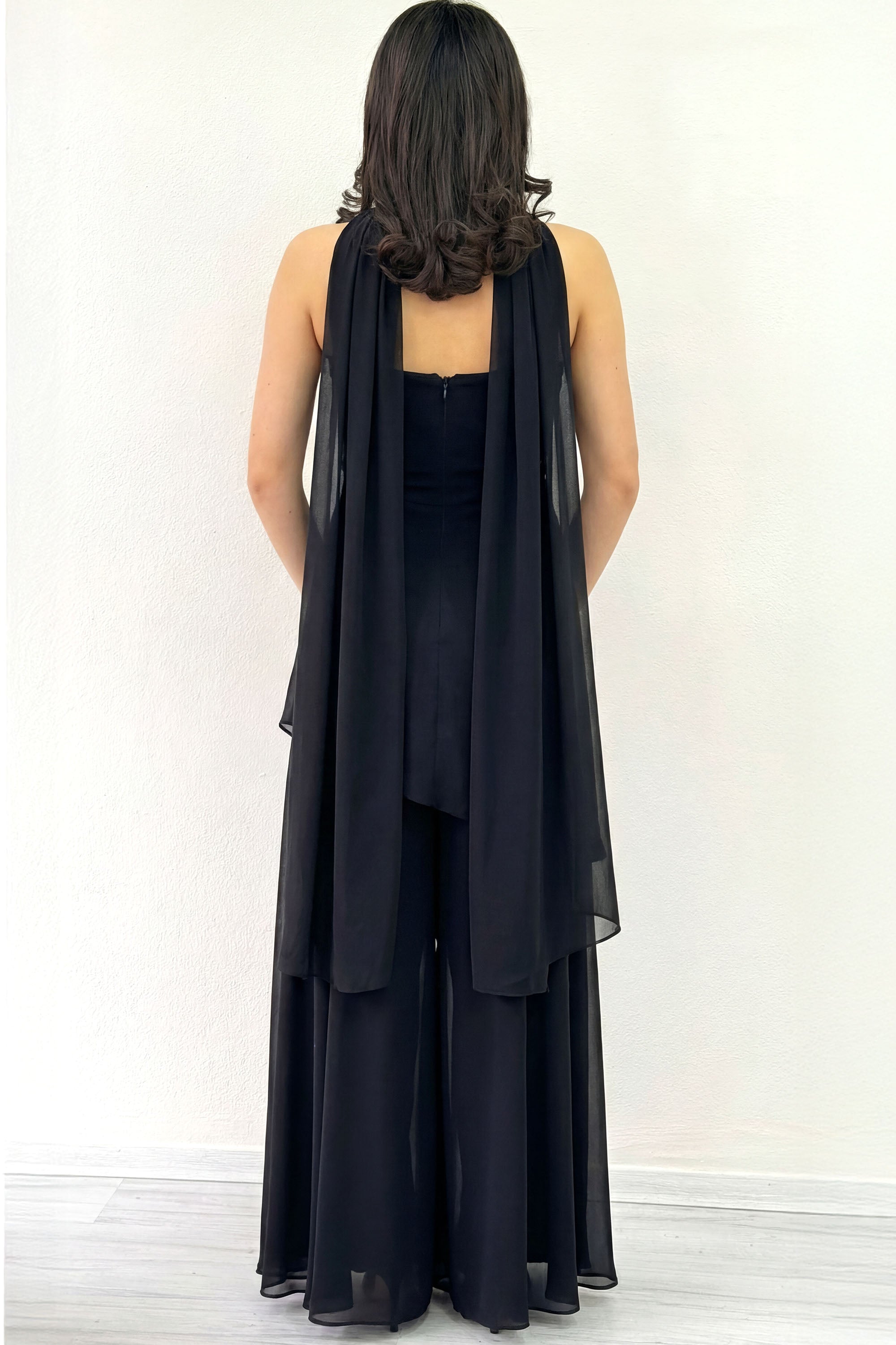 Black Shawl-Detailed Strapless Tulle Skirt Asymmetrical Evening Dress