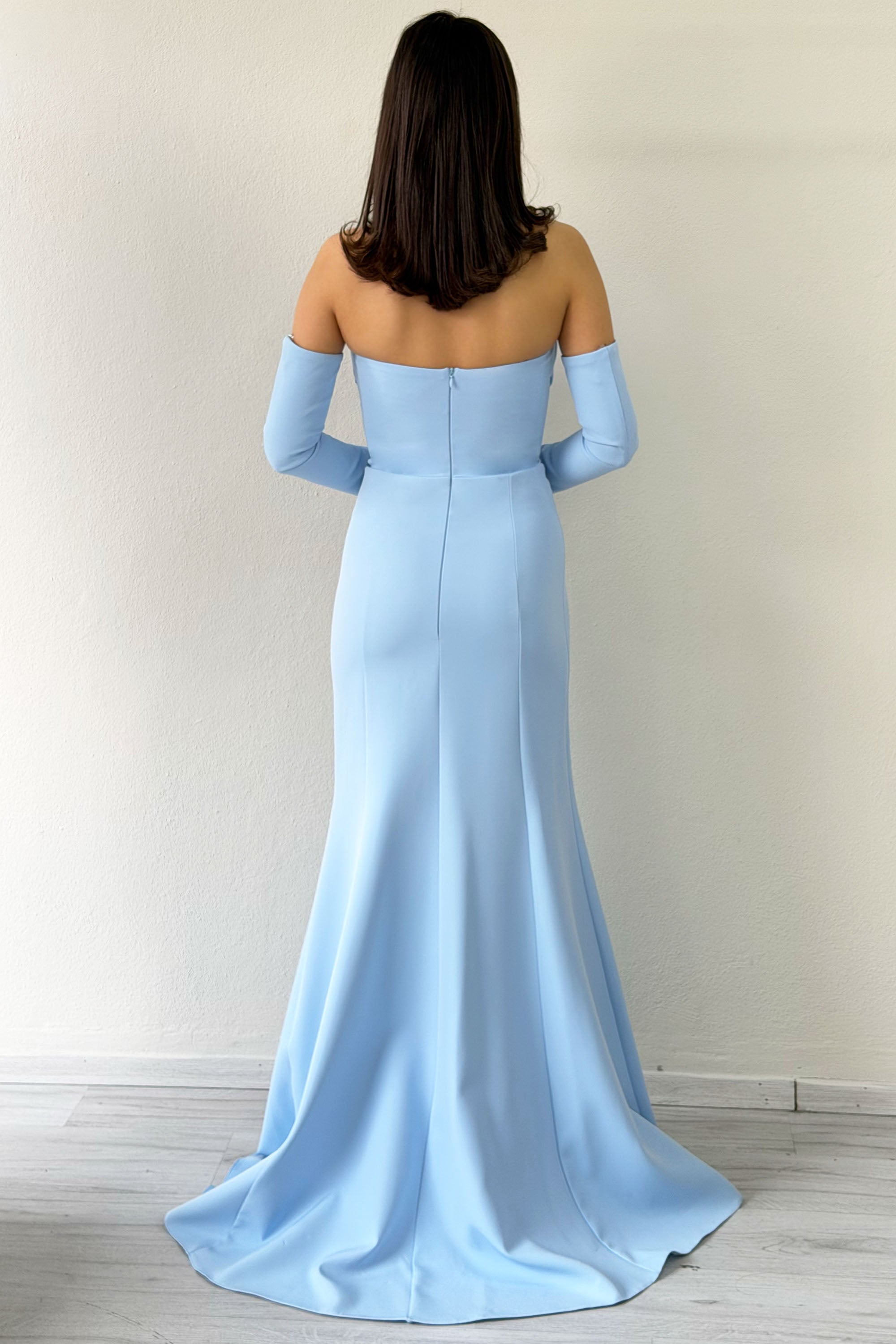 Baby Blue Stone Detailed Drape Mermaid Evening Dress