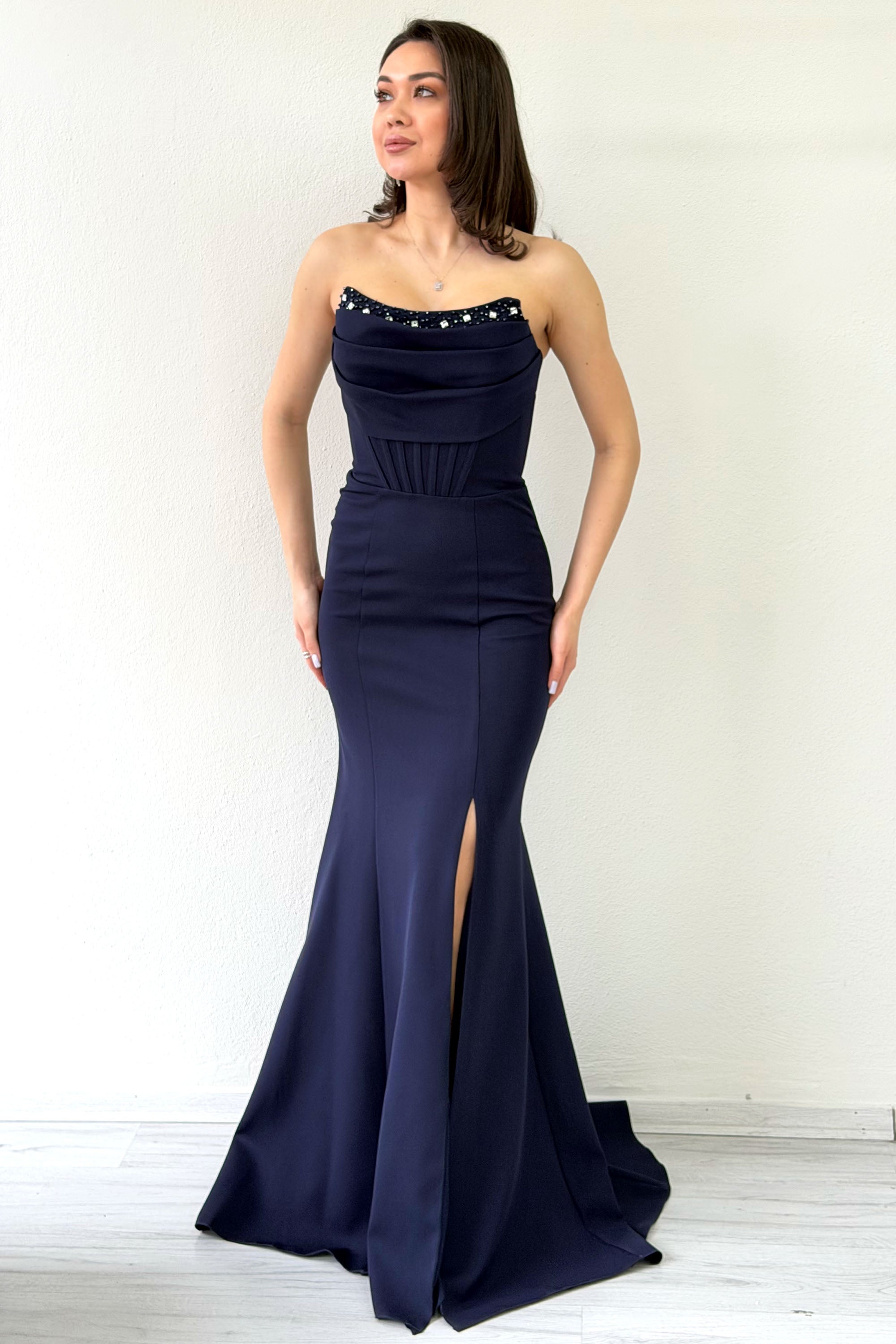Navy Blue Stone-Detailed Drape Mermaid Evening Dress
