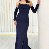 Navy Blue Stone-Detailed Drape Mermaid Evening Dress