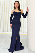 Navy Blue Stone-Detailed Drape Mermaid Evening Dress