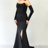 Black Stone Detailed Drape Mermaid Evening Dress