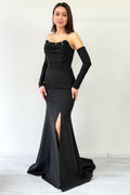 Black Stone Detailed Drape Mermaid Evening Dress