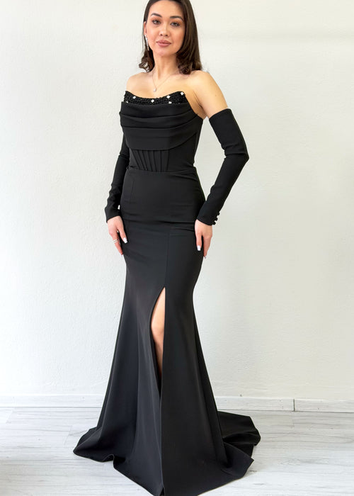 Black Stone Detailed Drape Mermaid Evening Dress