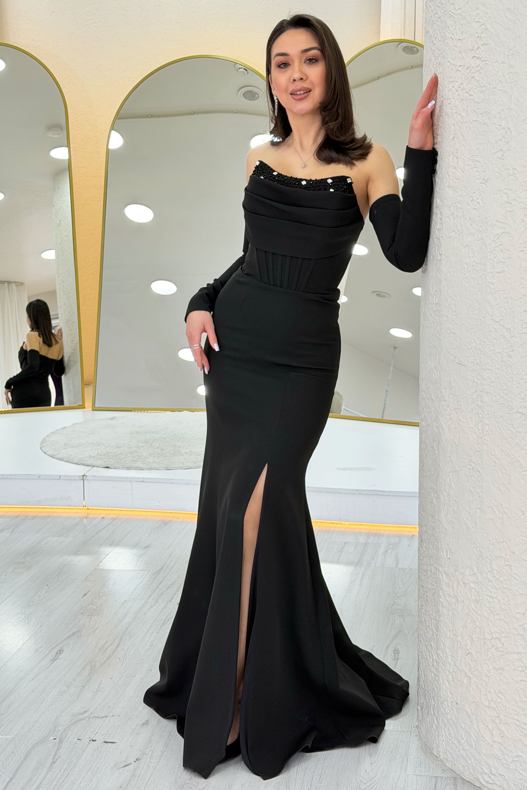 Black Stone Detailed Drape Mermaid Evening Dress