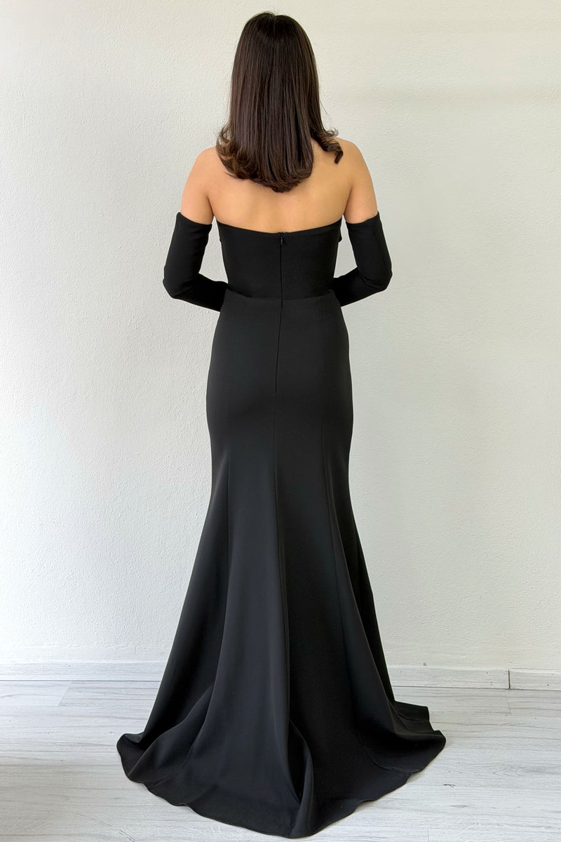 Black Stone Detailed Drape Mermaid Evening Dress