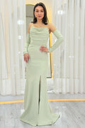 Aqua Green Stone Detail Drape Mermaid Evening Gown