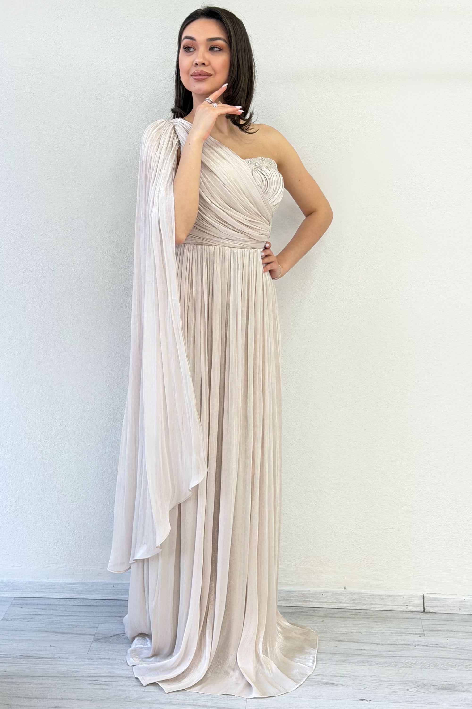 Beige One-Shoulder Cape Dress with Drape and Stone Details