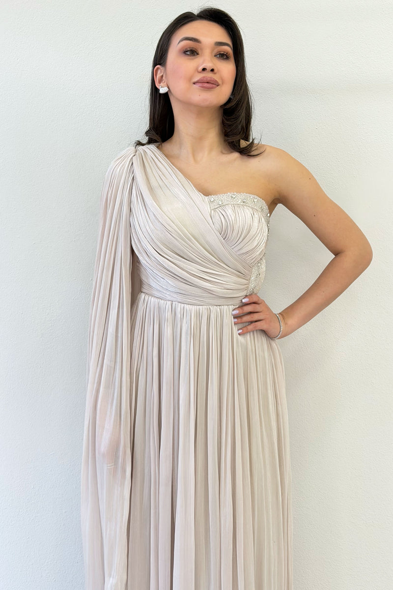 Beige One-Shoulder Cape Dress with Drape and Stone Details