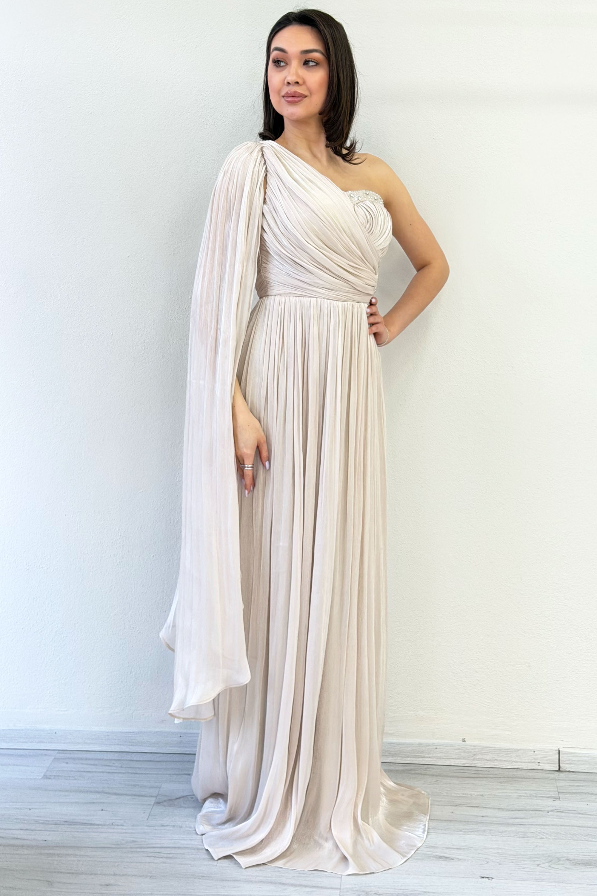 Beige One-Shoulder Cape Dress with Drape and Stone Details