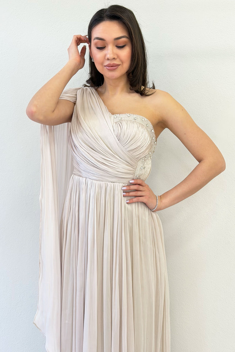 Beige One-Shoulder Cape Dress with Drape and Stone Details
