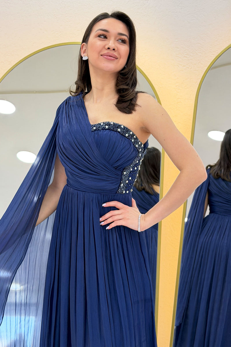 Navy Blue One-Shoulder Cape Dress with Drape and Stone Details