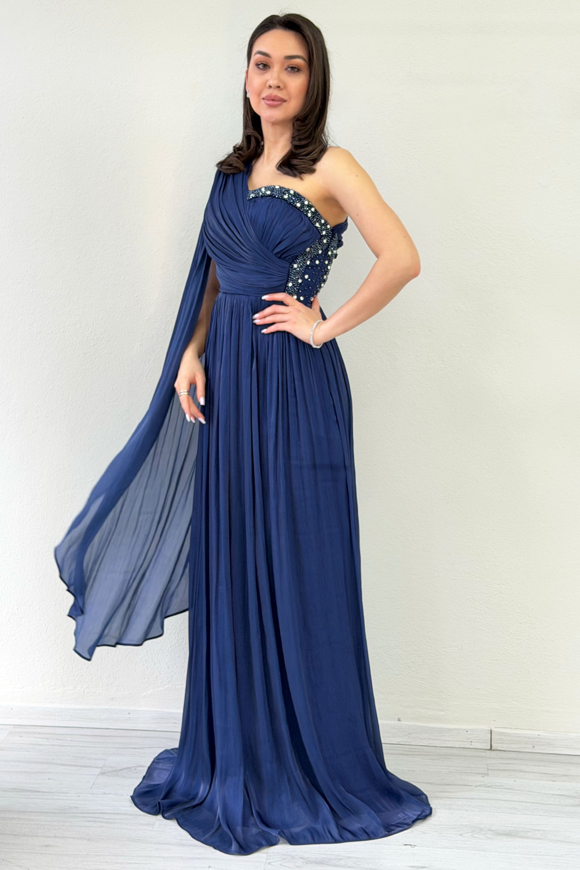 Navy Blue One-Shoulder Cape Dress with Drape and Stone Details