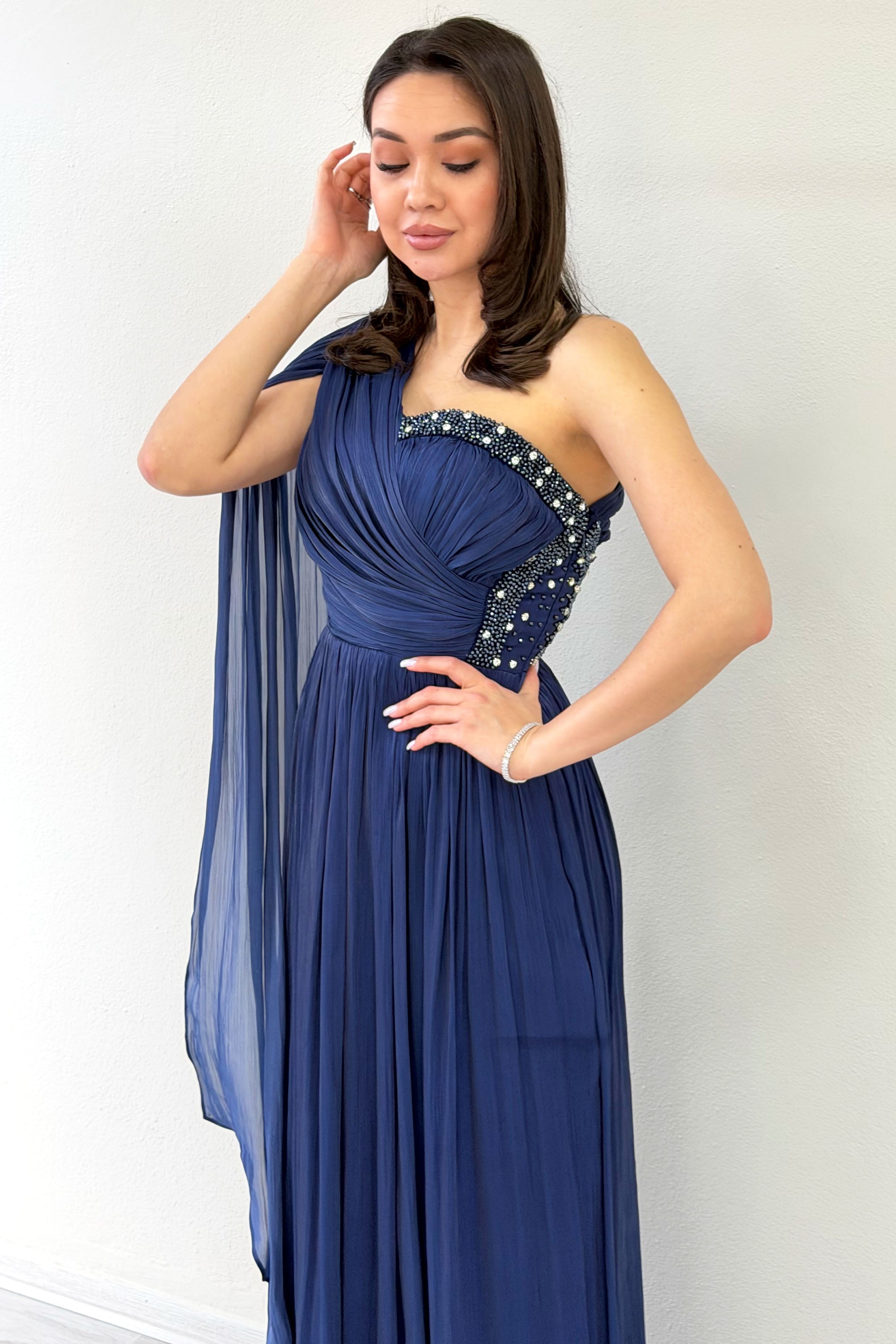 Navy Blue One-Shoulder Cape Dress with Drape and Stone Details