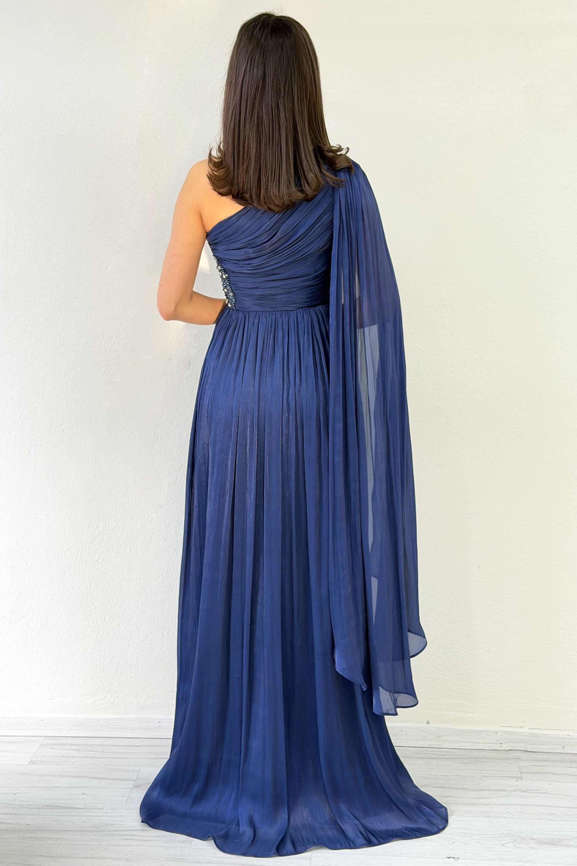 Navy Blue One-Shoulder Cape Dress with Drape and Stone Details