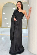 Black One-Shoulder Cape Dress with Drape and Stone Details