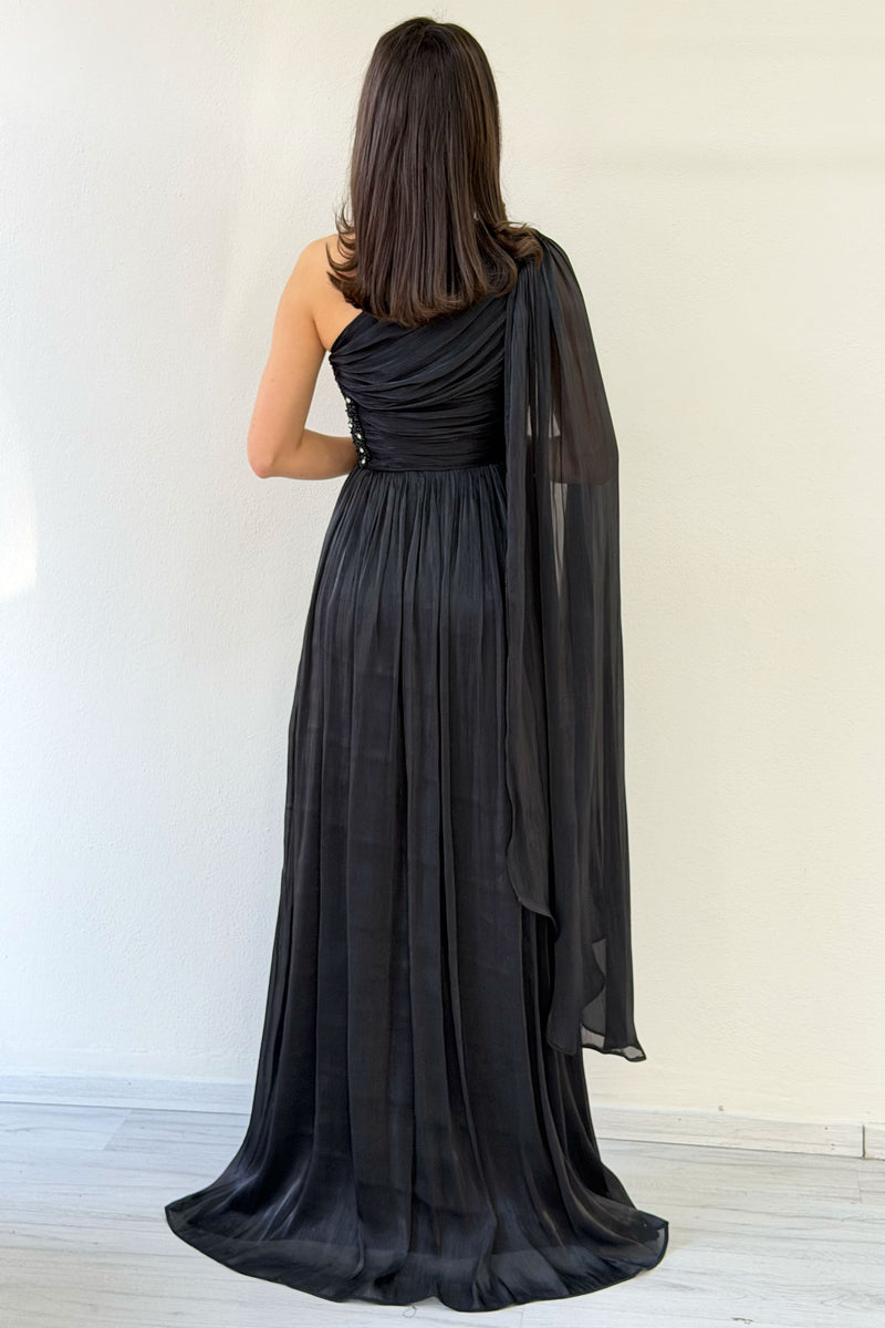 Black One-Shoulder Cape Dress with Drape and Stone Details