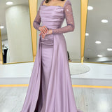 Lilac Beaded Long Sleeve Square Neck Satin Evening Dress