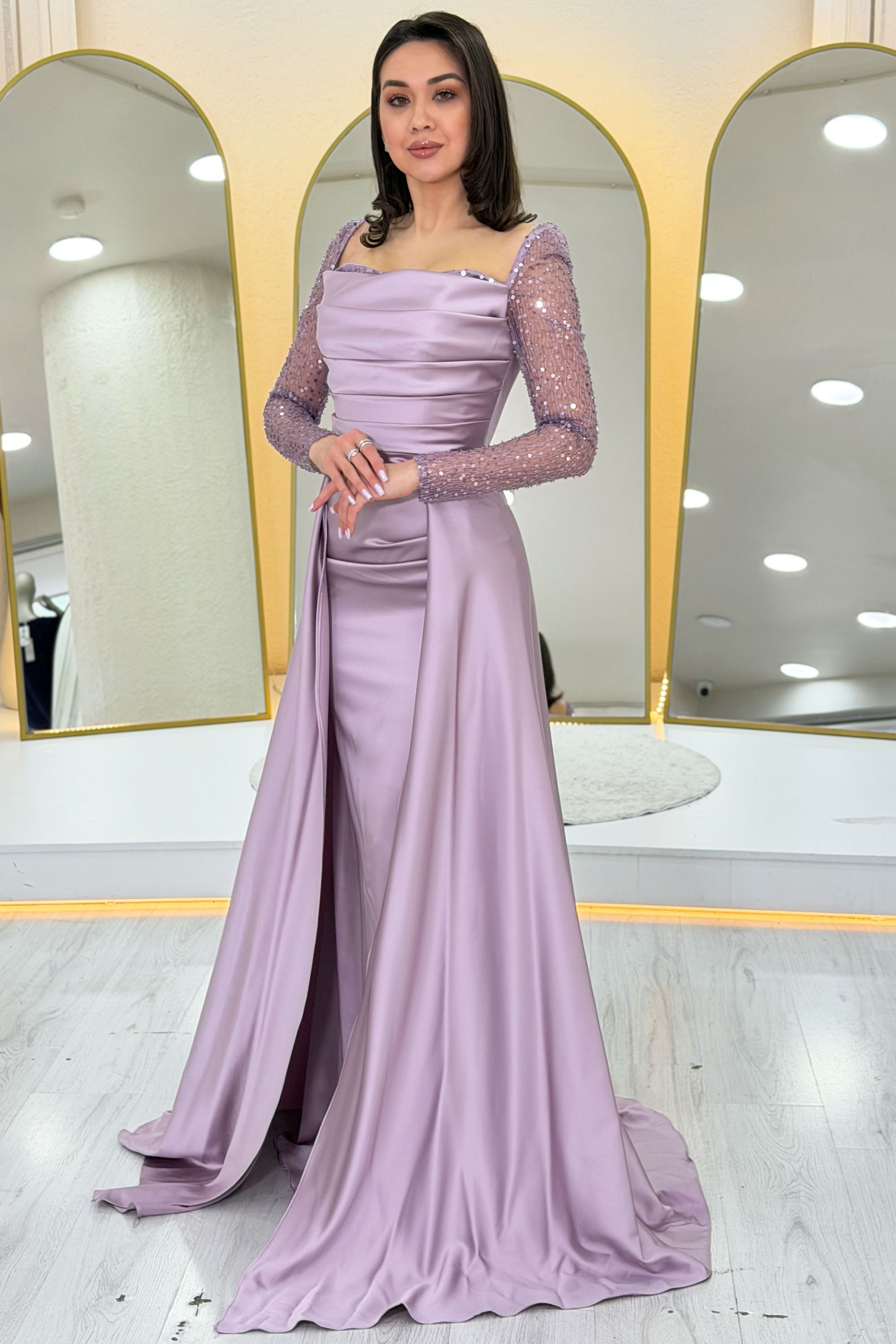 Lila Beaded Long Sleeve Square Neck Satin Evening Dress