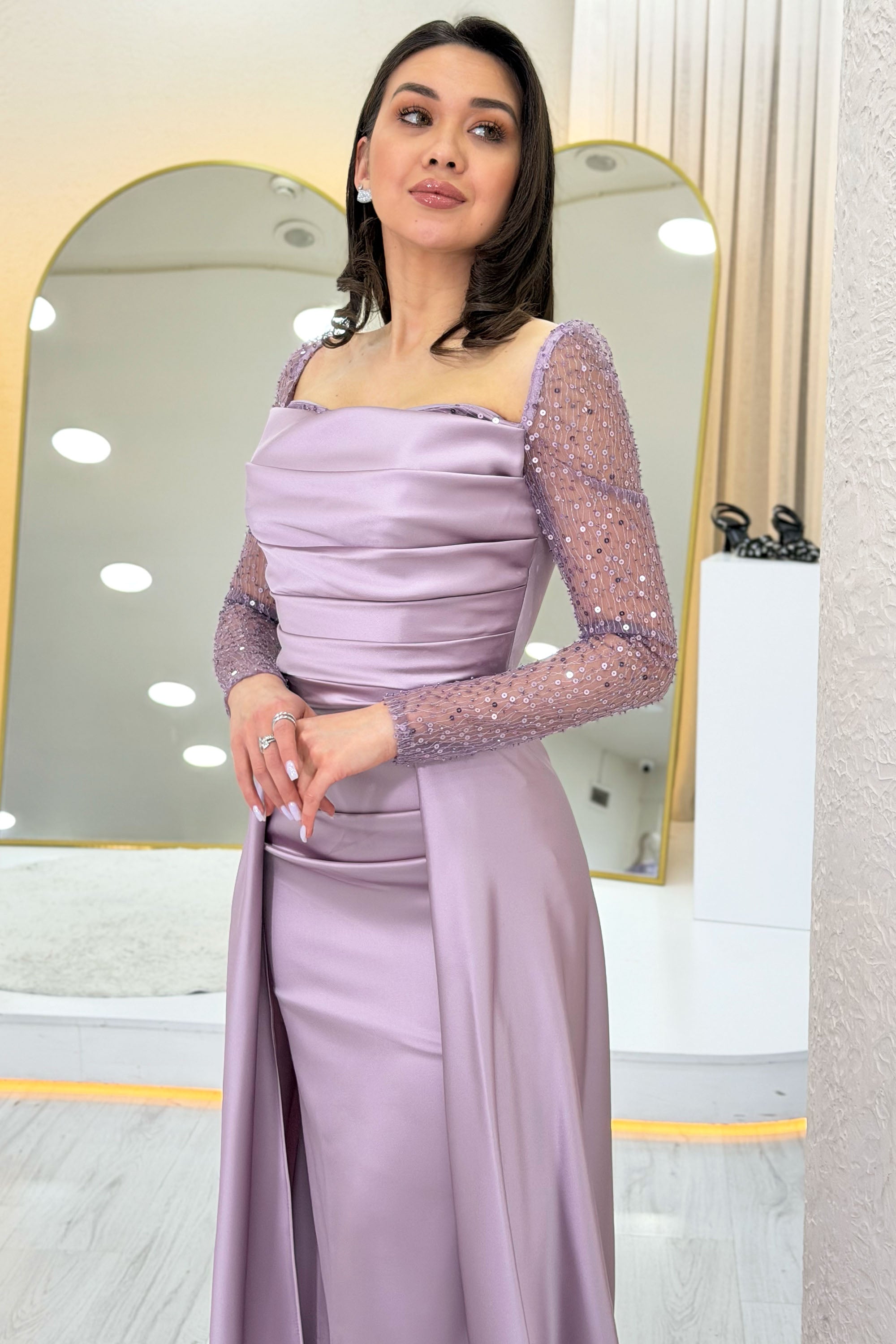 Lila Beaded Long Sleeve Square Neck Satin Evening Dress