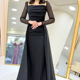 Black Sequin Embroidered Long Sleeve Square Neck Satin Evening Dress