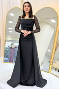 Black Sequin Embroidered Long Sleeve Square Neck Satin Evening Dress