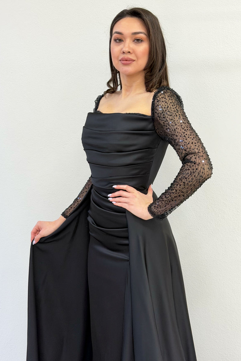 Black Sequin Embroidered Long Sleeve Square Neck Satin Evening Dress