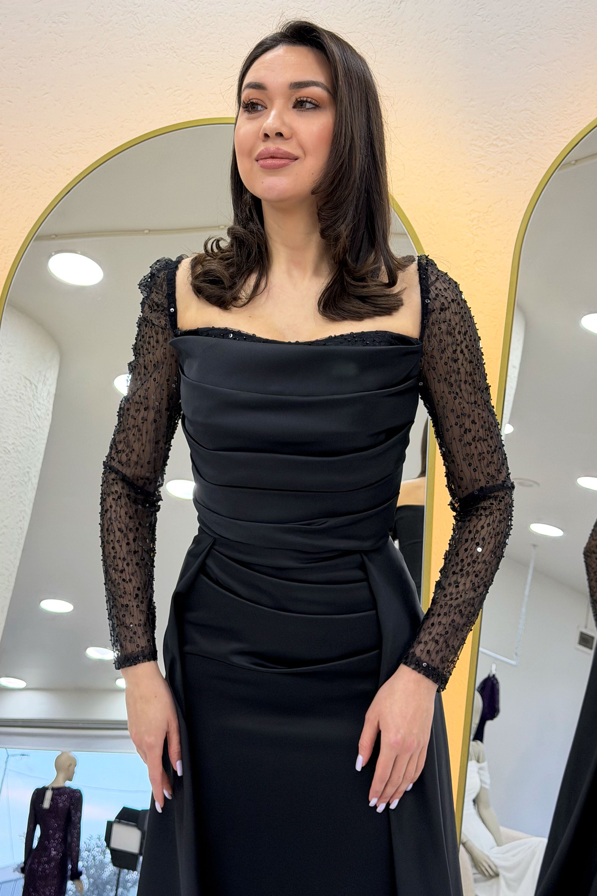 Black Sequin Embroidered Long Sleeve Square Neck Satin Evening Dress