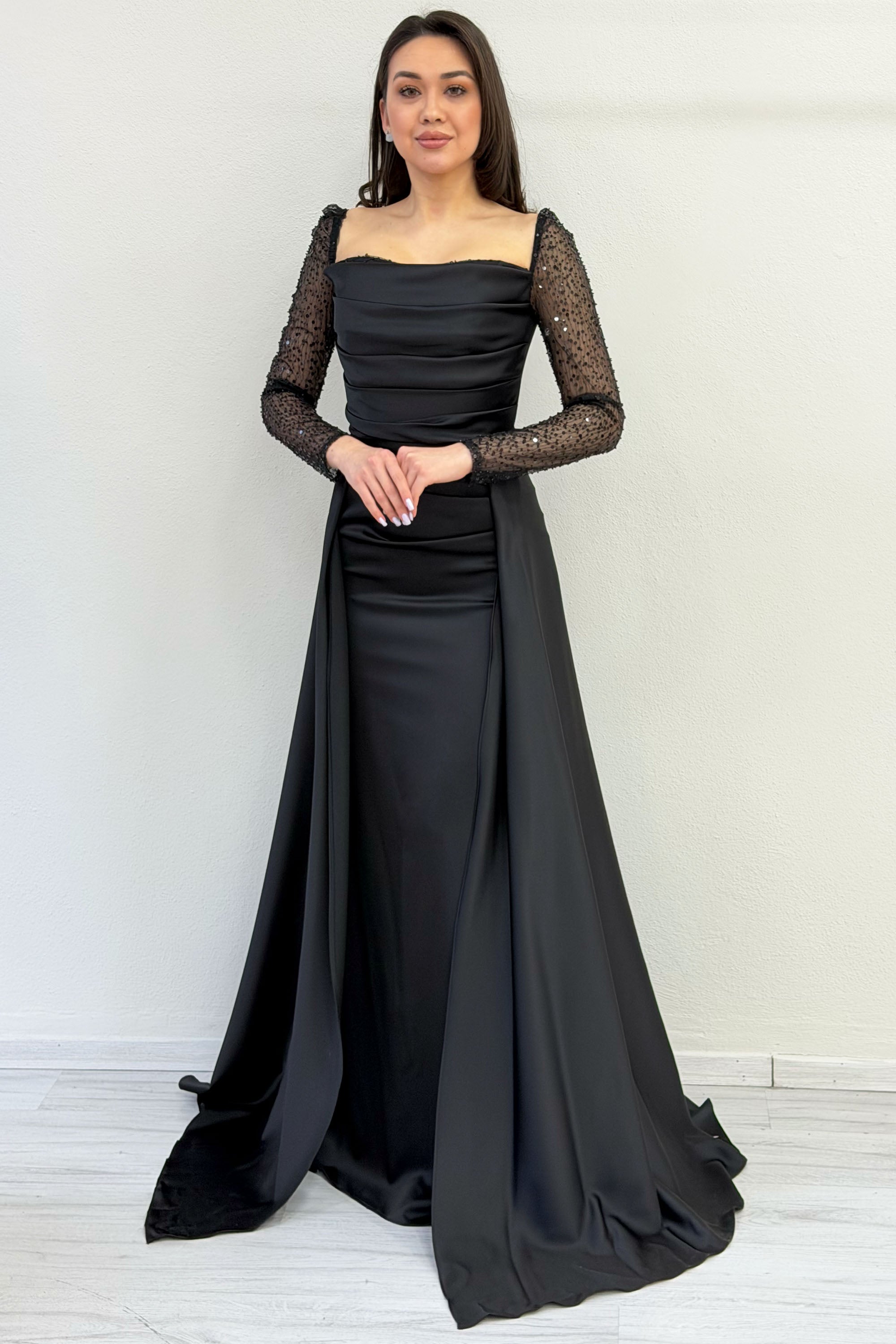 Black Sequin Embroidered Long Sleeve Square Neck Satin Evening Dress