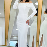 White Madonna Collar Beaded Long Sleeve Mermaid Wedding Dress