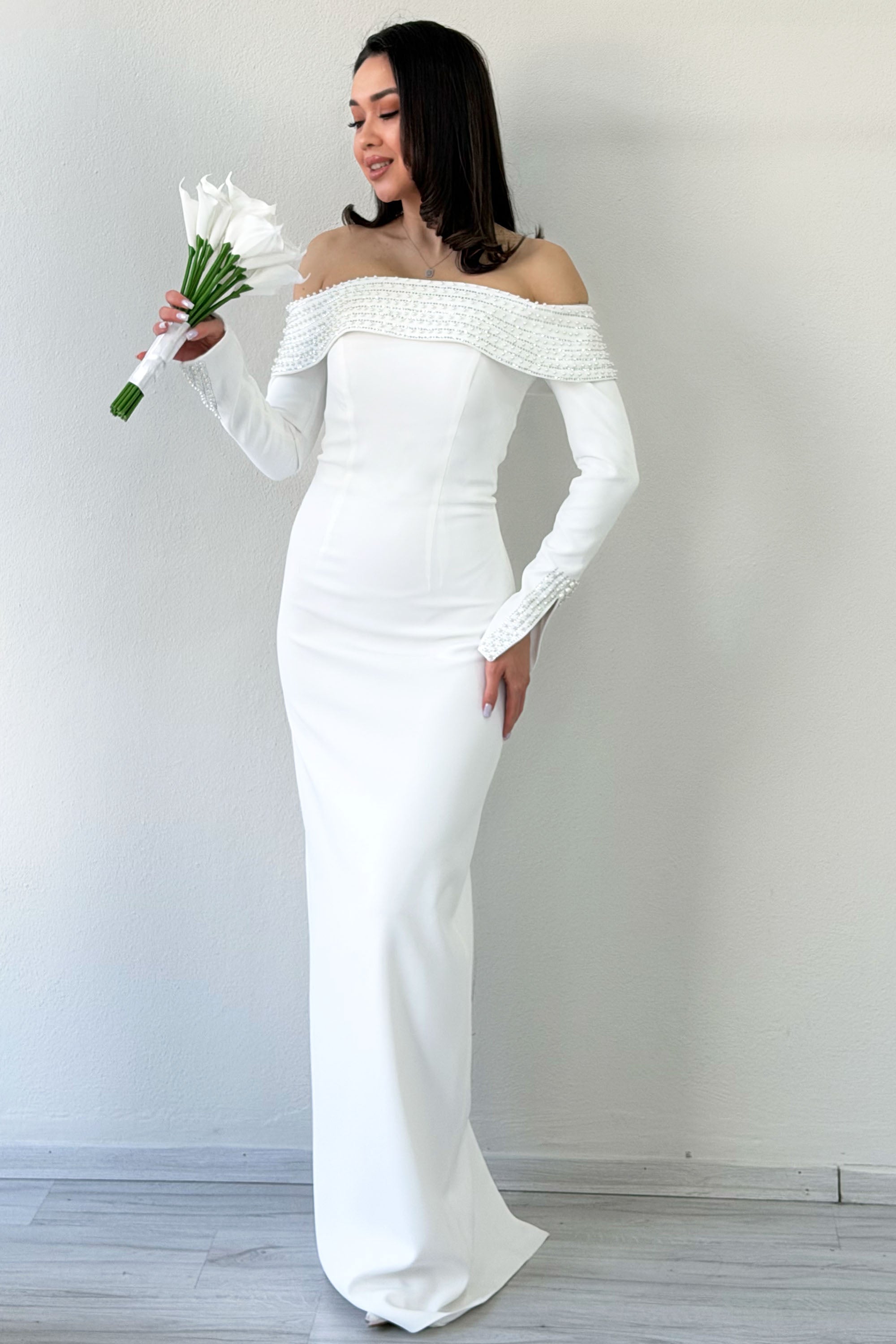 White Madonna Collar Beaded Long Sleeve Mermaid Wedding Dress