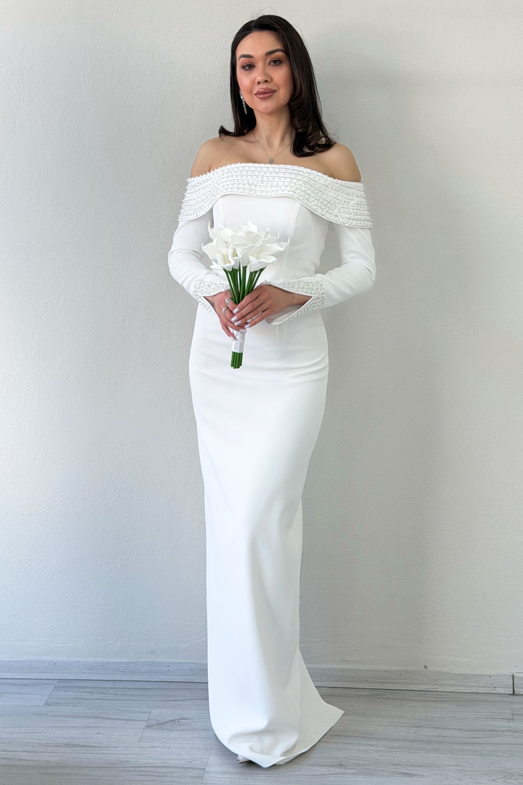 White Madonna Collar Beaded Long Sleeve Mermaid Wedding Dress