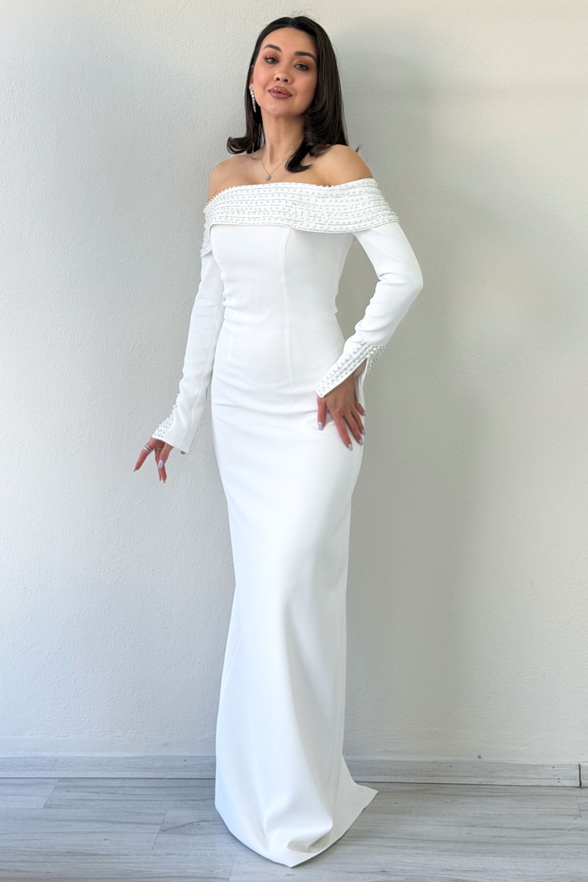 White Madonna Collar Beaded Long Sleeve Mermaid Wedding Dress